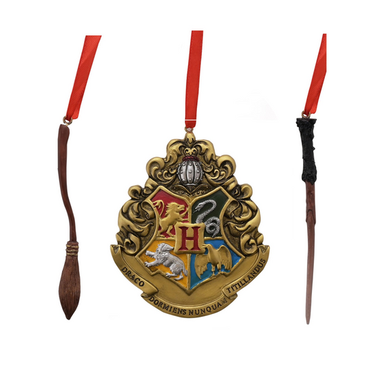 Resin Hogwarts tree decorations: crest ornament and wand & broom, red hanging ribbons