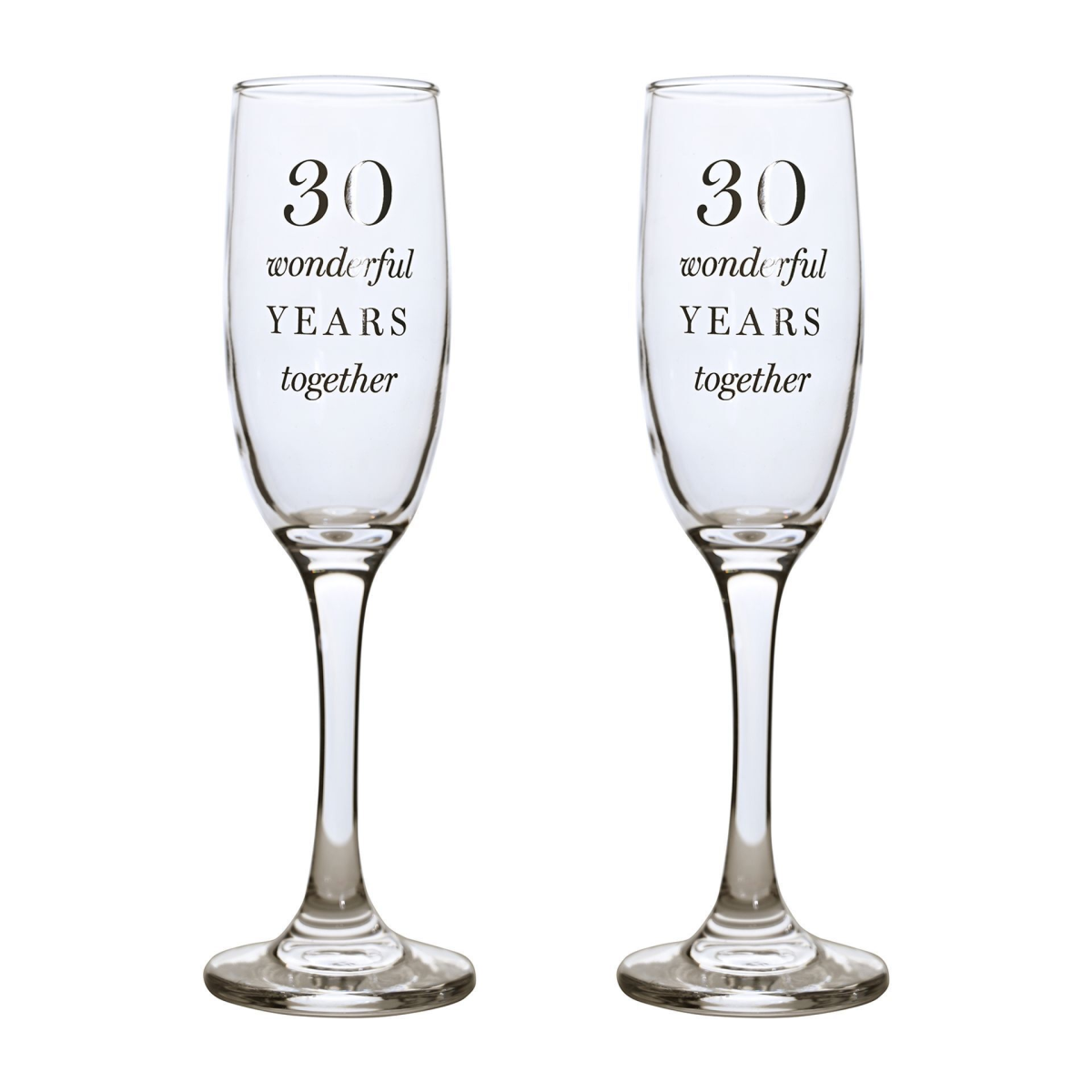 Set of 2 champagne flutes with '30 wonderful years together' print, clear glass stems