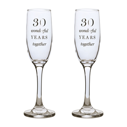 Set of 2 champagne flutes with '30 wonderful years together' print, clear glass stems