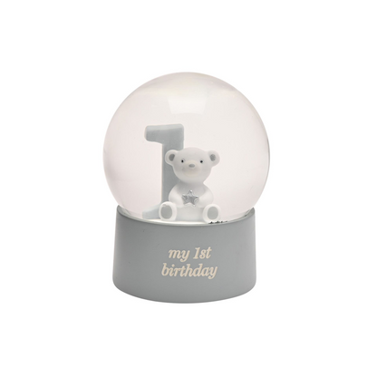 Blue first-birthday waterball with bear in clear globe and “my 1st birthday” base