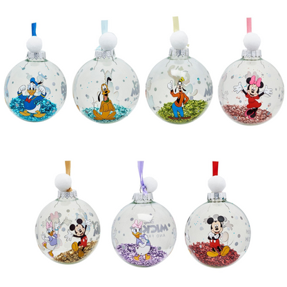 Set of 7 Mickey and Friends character baubles with colored tops and glitter bases