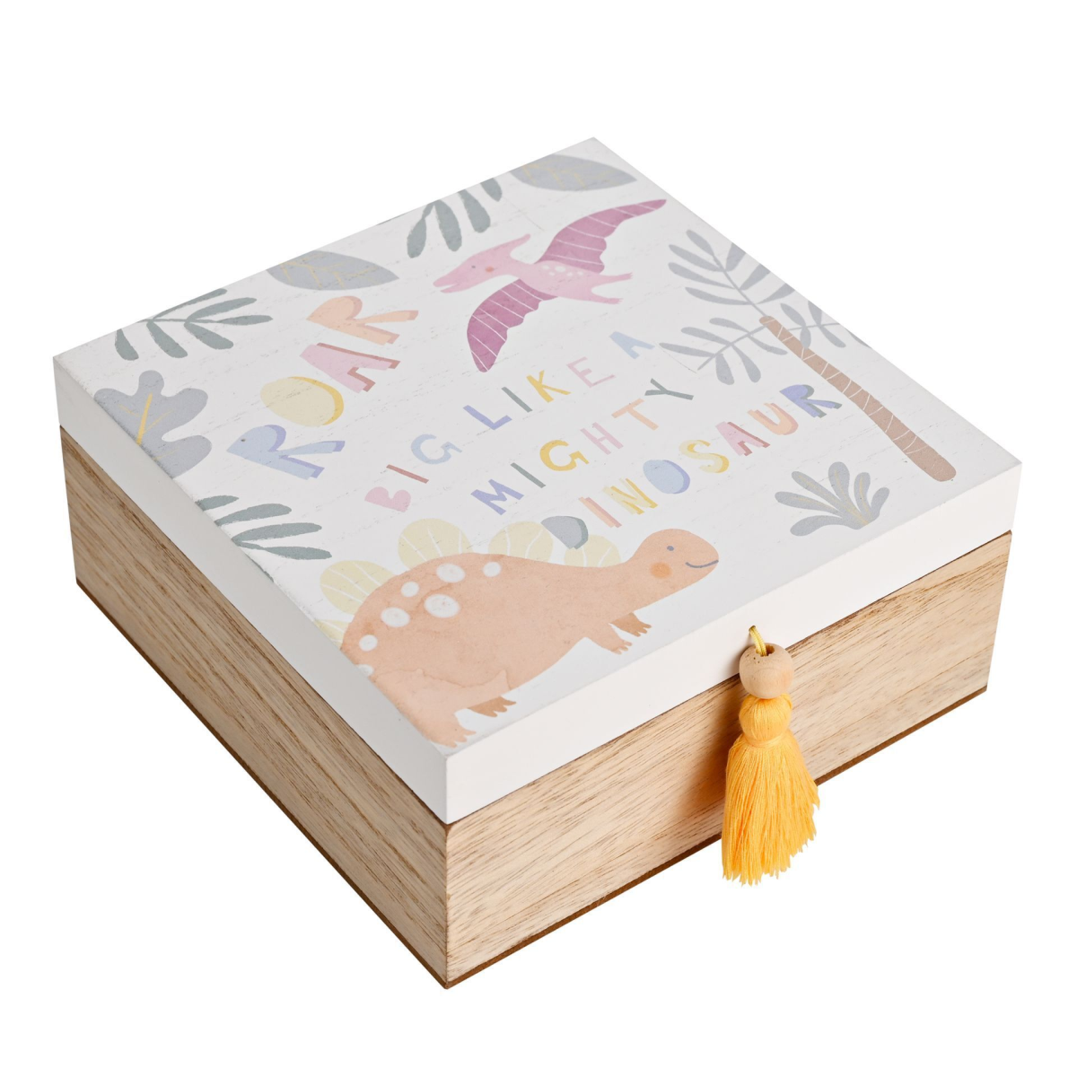 Wooden dinosaur keepsake box with colorful lid and yellow tassel charm