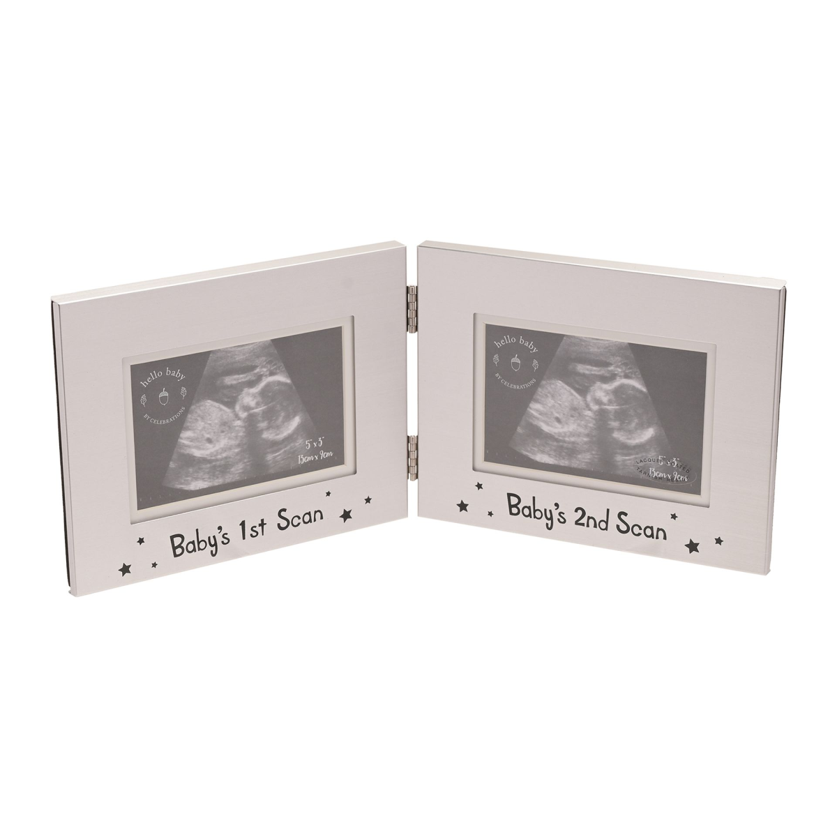 Aluminium baby scan photo frame with two panels, ultrasound images and star accents