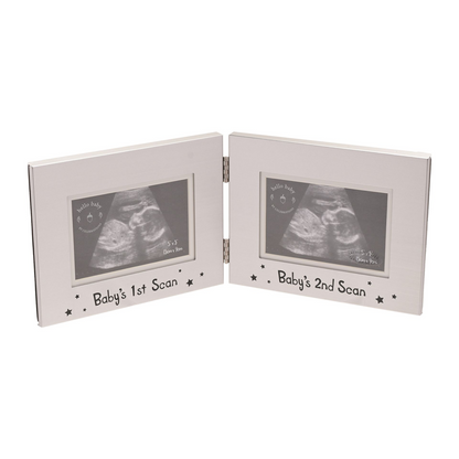 Aluminium baby scan photo frame with two panels, ultrasound images and star accents