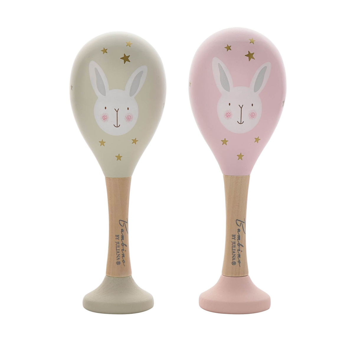 Wooden toy maracas set with pink and beige rabbit designs, star accents