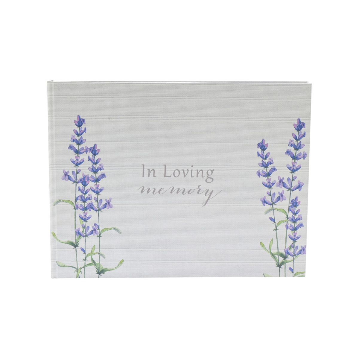 Condolence book with light gray cover, lavender flowers, and 'In Loving memory' text