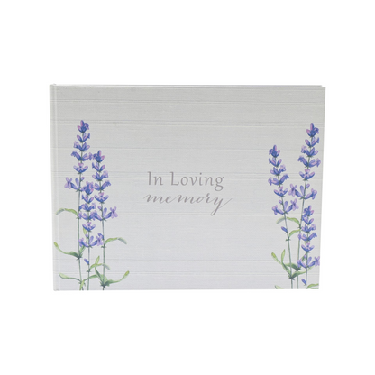 Condolence book with light gray cover, lavender flowers, and 'In Loving memory' text