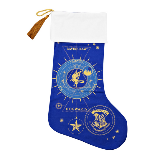 Blue Ravenclaw wizard stocking with Hogwarts badges and starry trim
