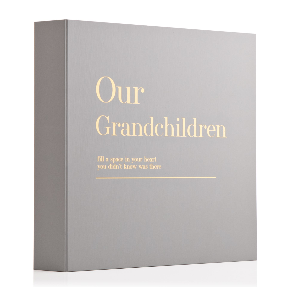 Coffee table scrapbook album with gray cover and gold 'Our Grandchildren' title
