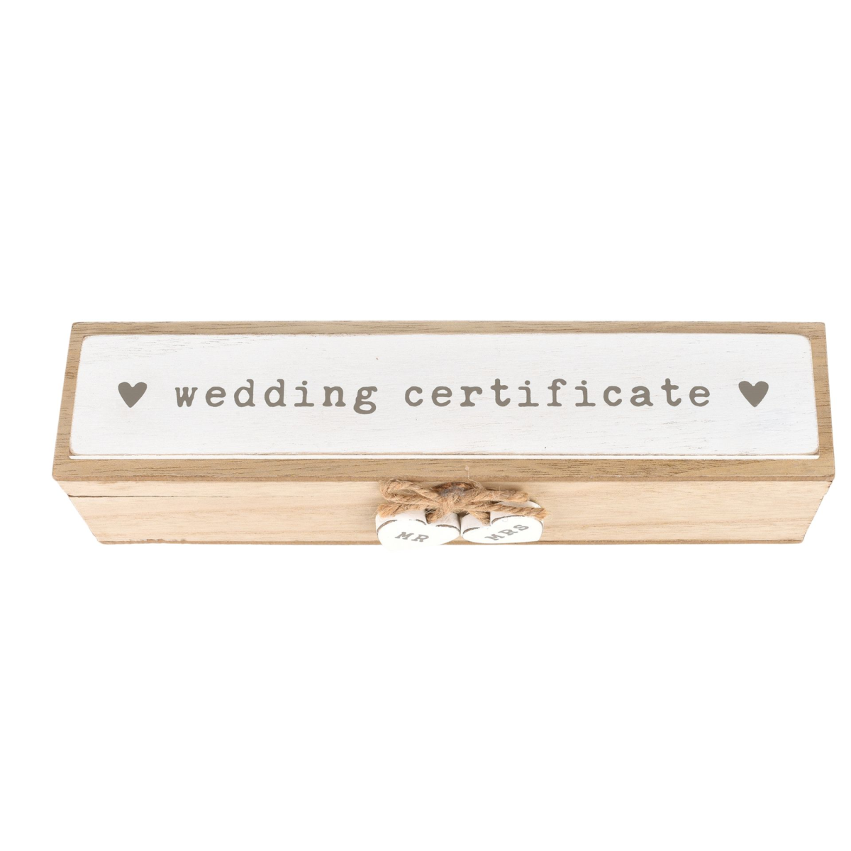 Wood wedding certificate holder with “wedding certificate” text and heart icons