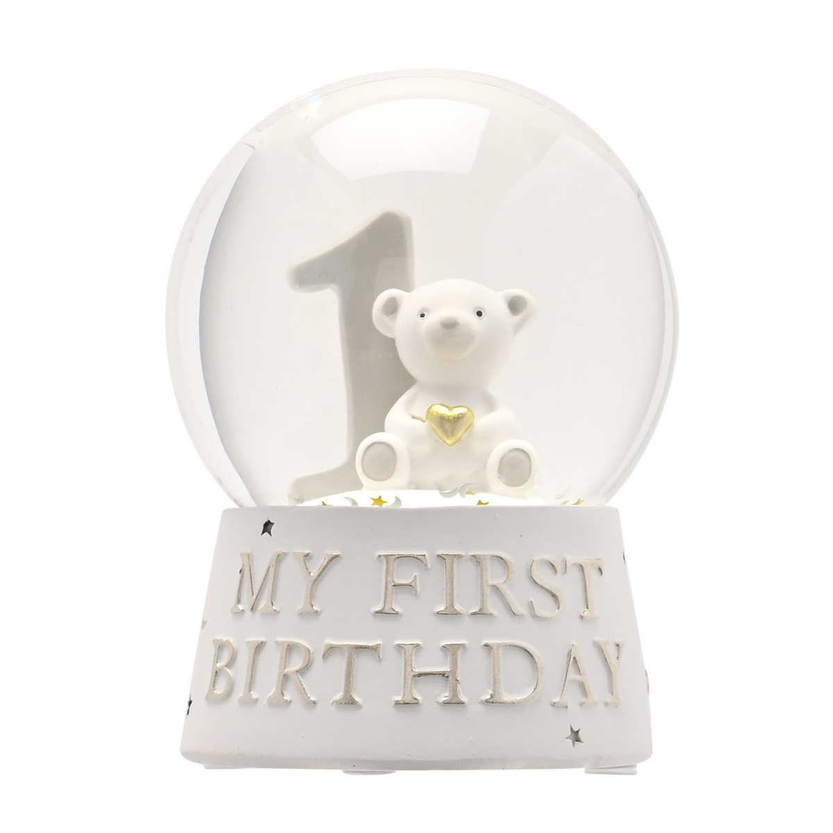 Bambino resin water ball with bear, gold heart, and “My First Birthday” banner