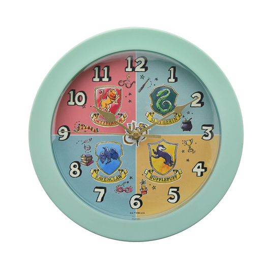 Mint green wall clock with house-crests dial, colored numbers, and gold hands