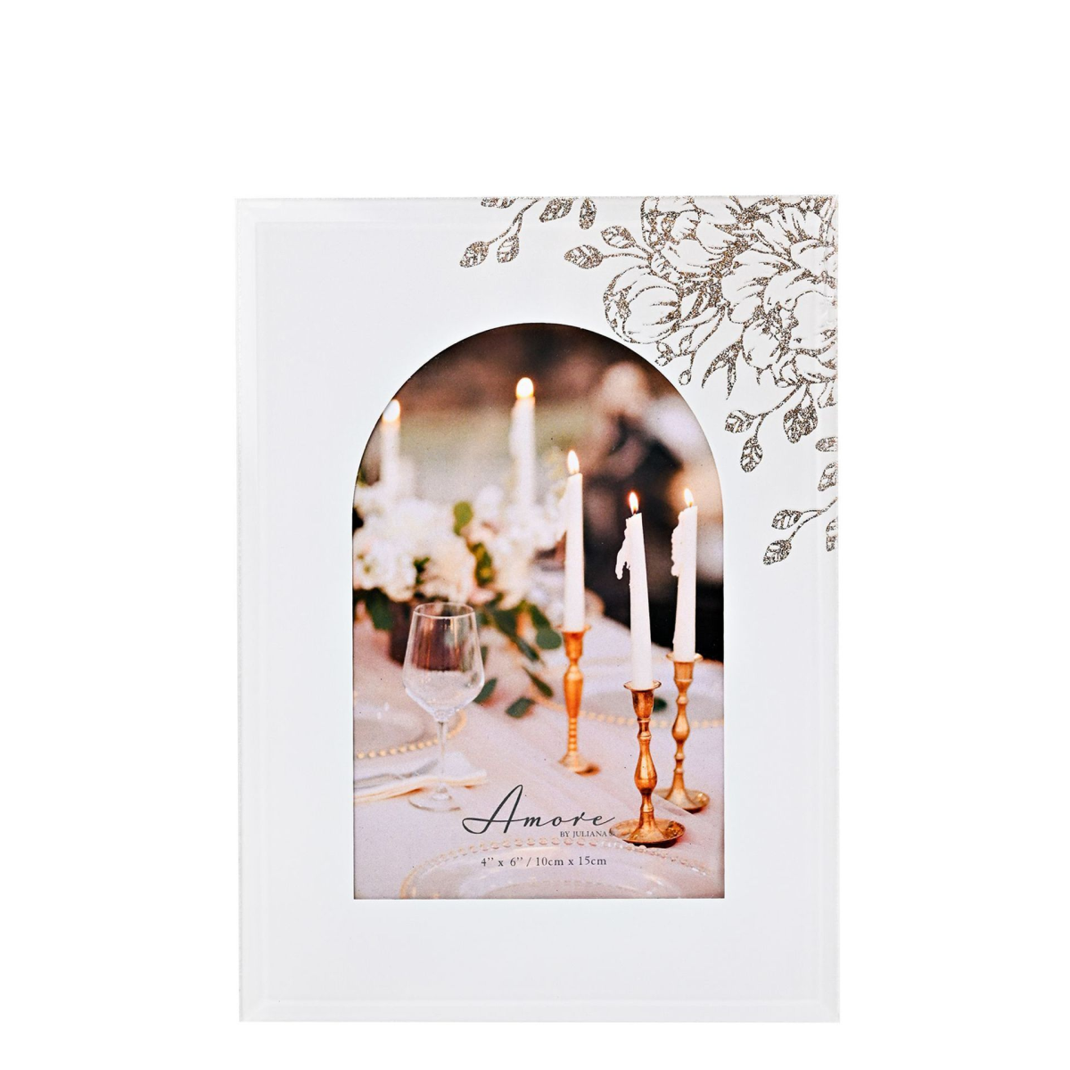 White 4x6 photo frame with arched glass opening and gold floral corner design