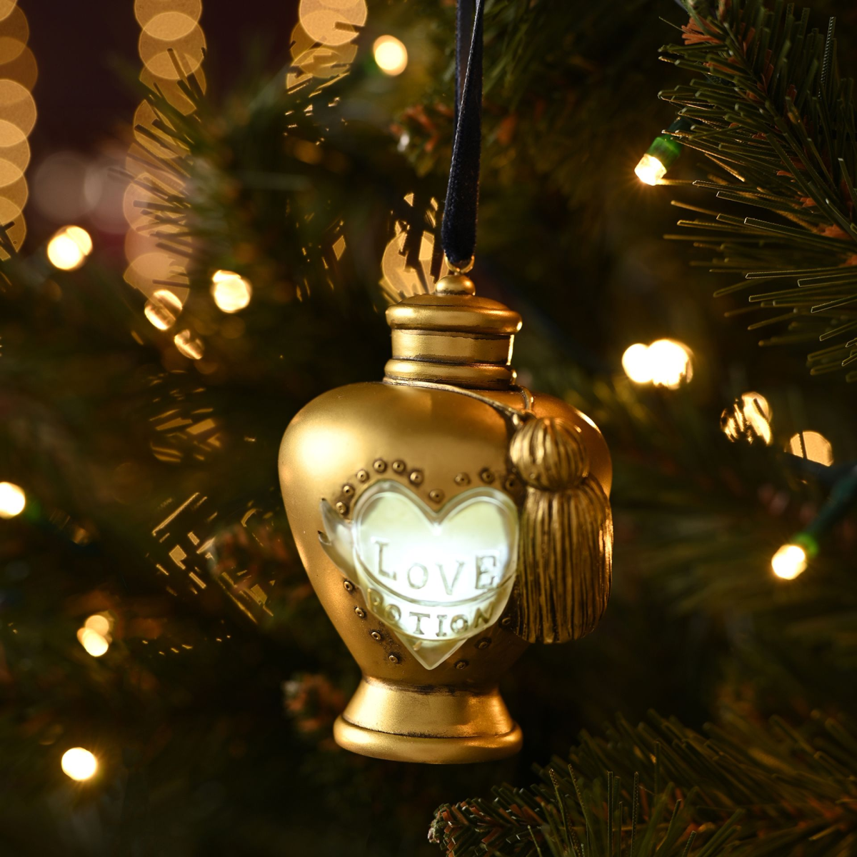Gold LED hanging bottle ornament with heart "Love Potion" window and tassel
