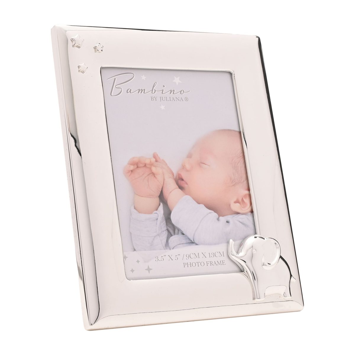 Silverplated photo frame with elephant charm, holding 4x6 baby photo