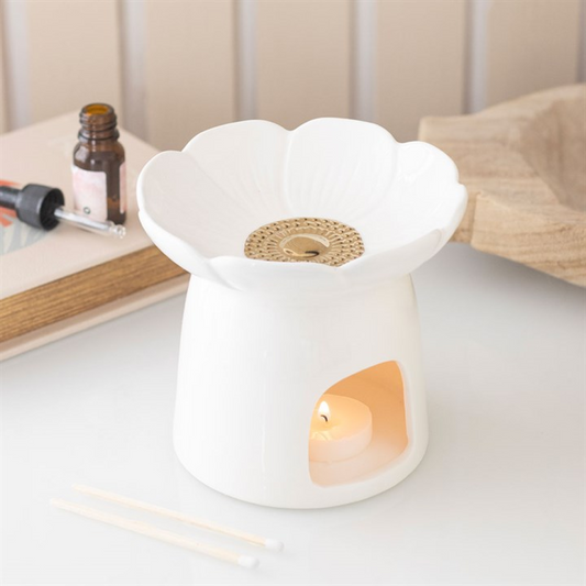 White ceramic peony oil burner and wax warmer with illuminated round burner window