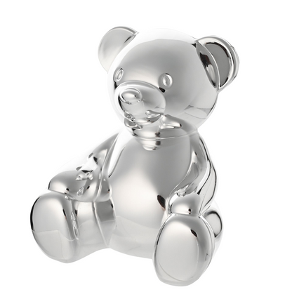 Silver-plated teddy bear money box with coin slot and rounded paws
