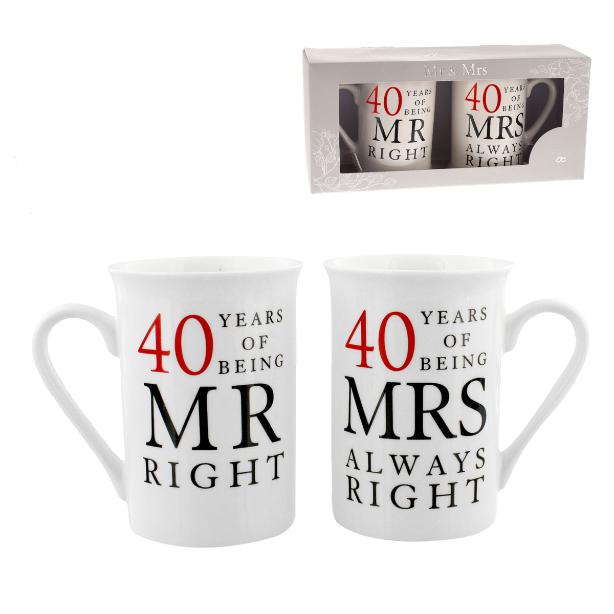 White mug pair: 40 Years of Being MR RIGHT and MRS ALWAYS RIGHT