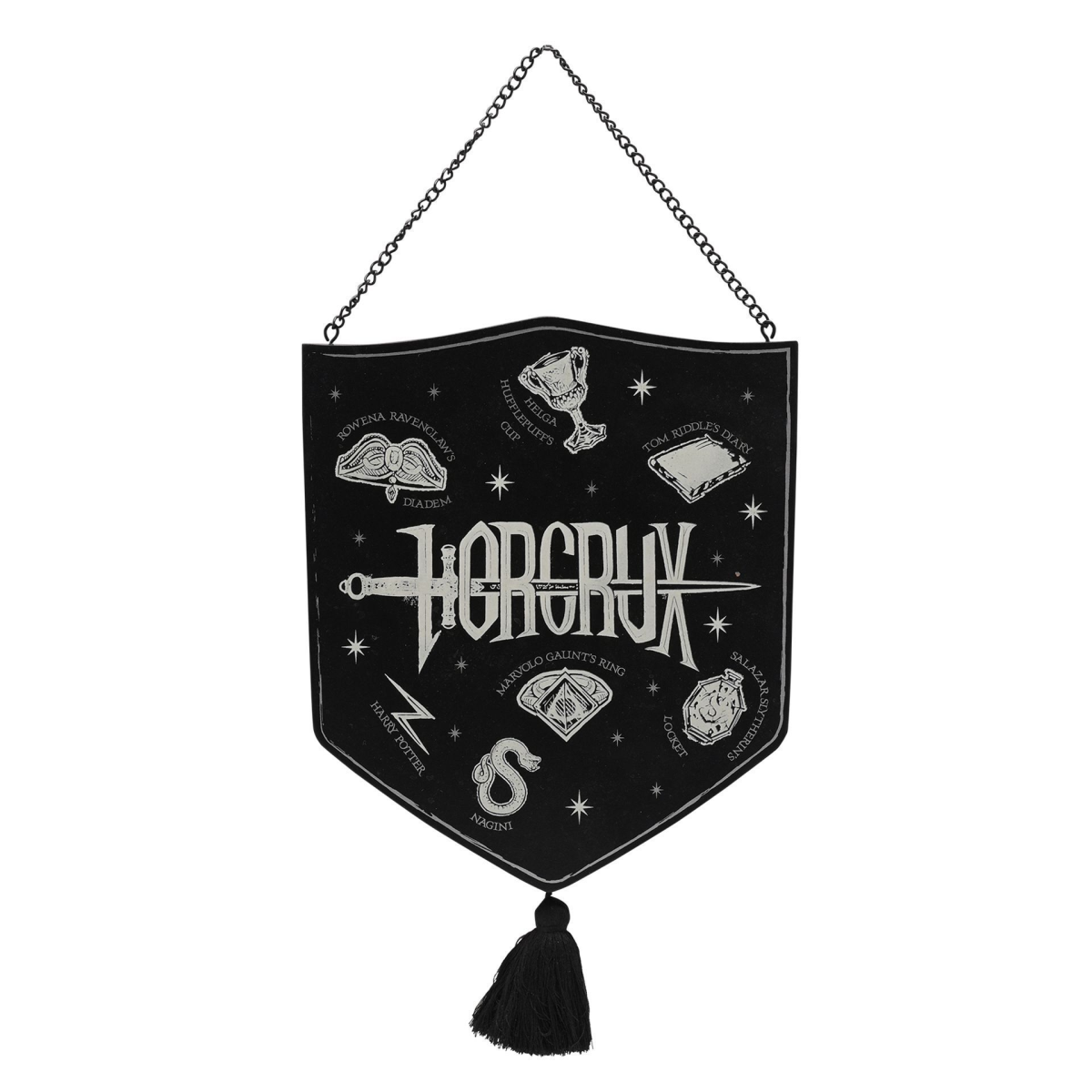 Black glow-in-dark wooden plaque wall banner with chain hanger and tassel, Horcrux design