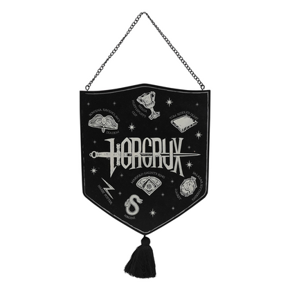 Black glow-in-dark wooden plaque wall banner with chain hanger and tassel, Horcrux design