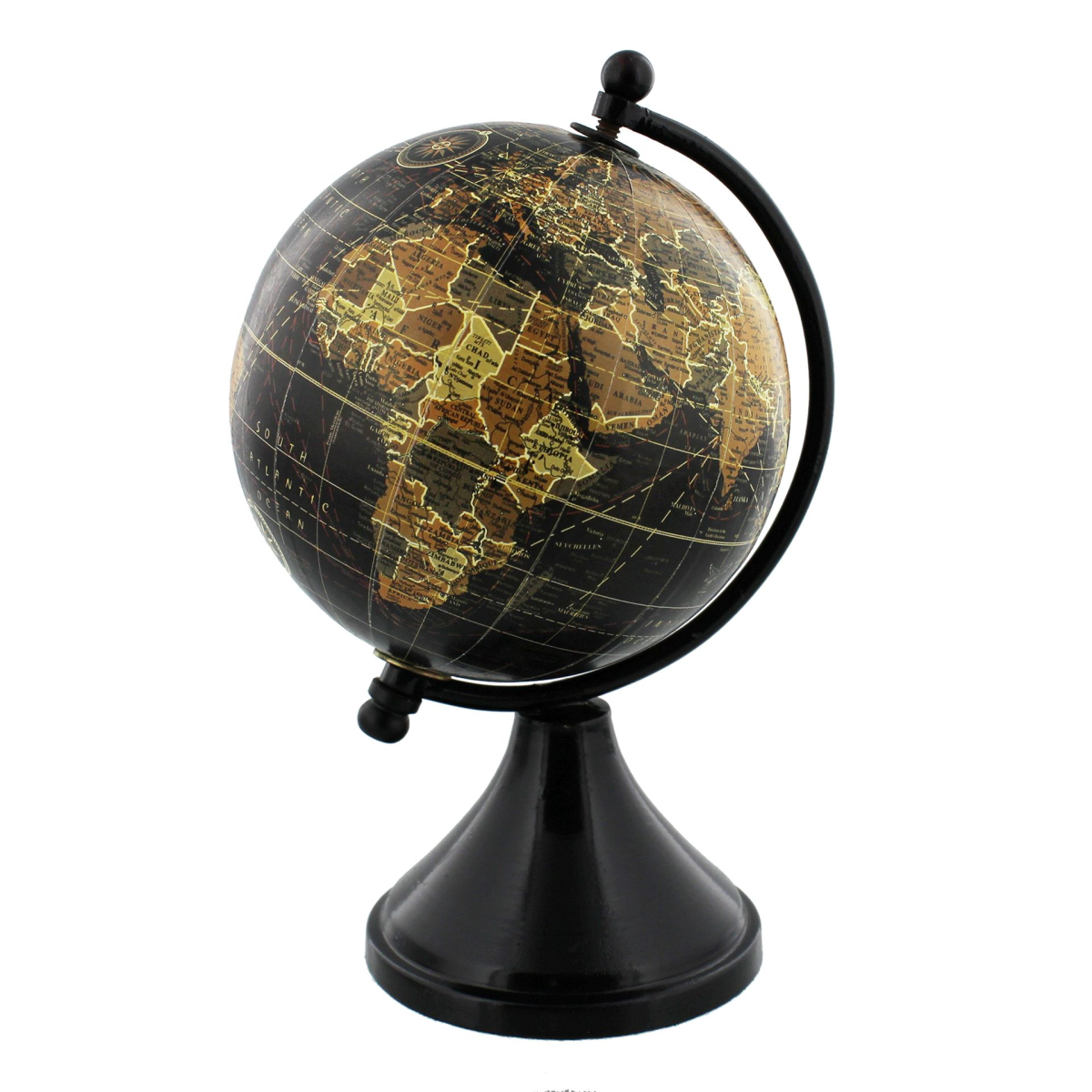 Small round globe with gold-toned map, black metal stand, and wood base, 10cm