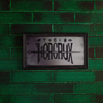 Black framed mirrored plaque with dark 'HORCRUX' lettering and symbols