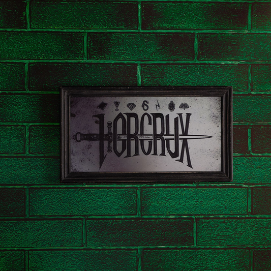 Black framed mirrored plaque with dark 'HORCRUX' lettering and symbols