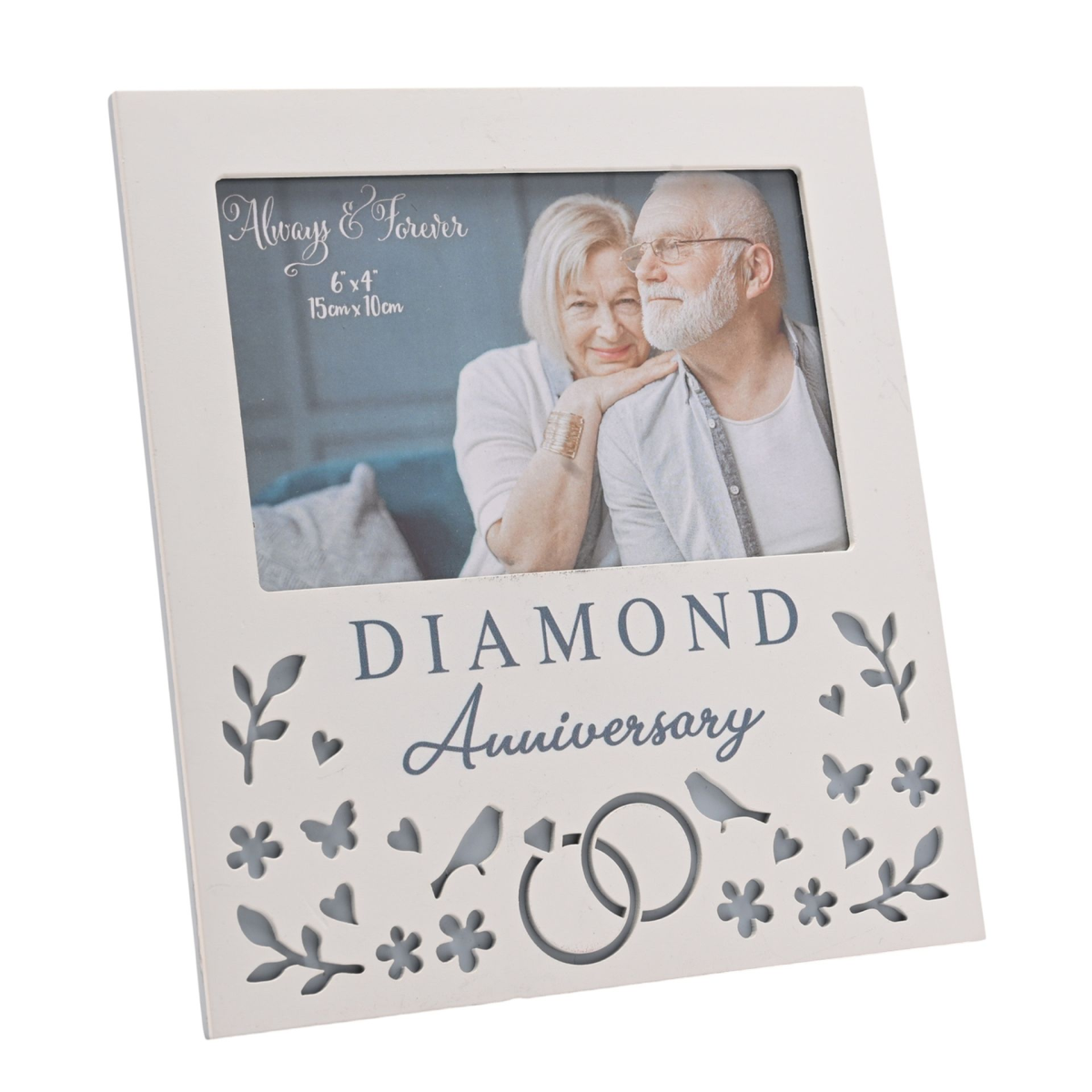 6x4 inch diamond anniversary photo frame with couple image, rings, and decorative butterflies