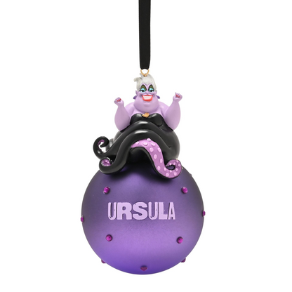 Purple glass bauble with Ursula figure, black tentacles, and 'URSULA' lettering