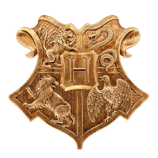 Gold-tone Harry Potter wall shield with detailed crest and four house animal figures