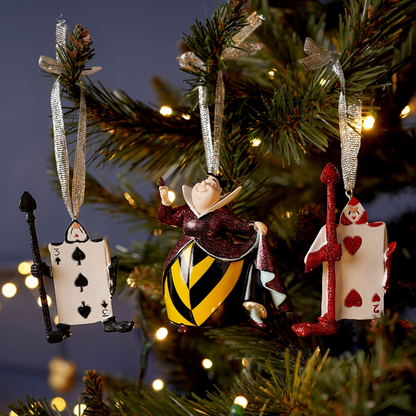 Set of 3 hanging card-themed ornaments: spade figure, jester, and red heart figure