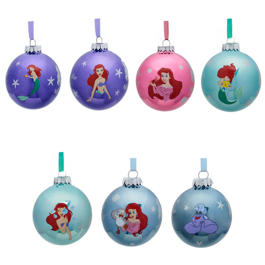 Set of 7 Little Mermaid character baubles, purple, pink, and teal spheres