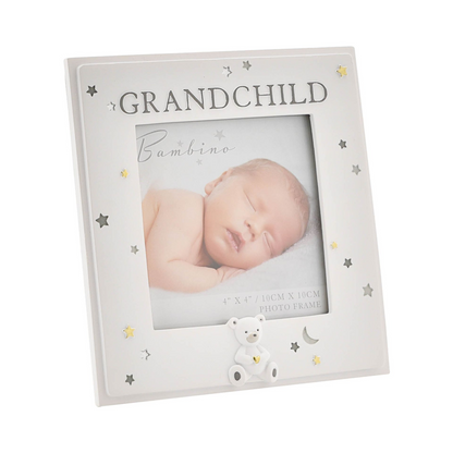 White resin grandchild photo frame with star accents, holds 4x4 in photo