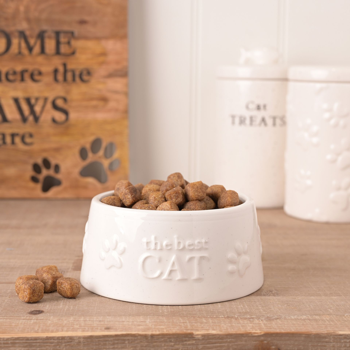 Small white ceramic cat bowl with paw prints and embossed “the best CAT”