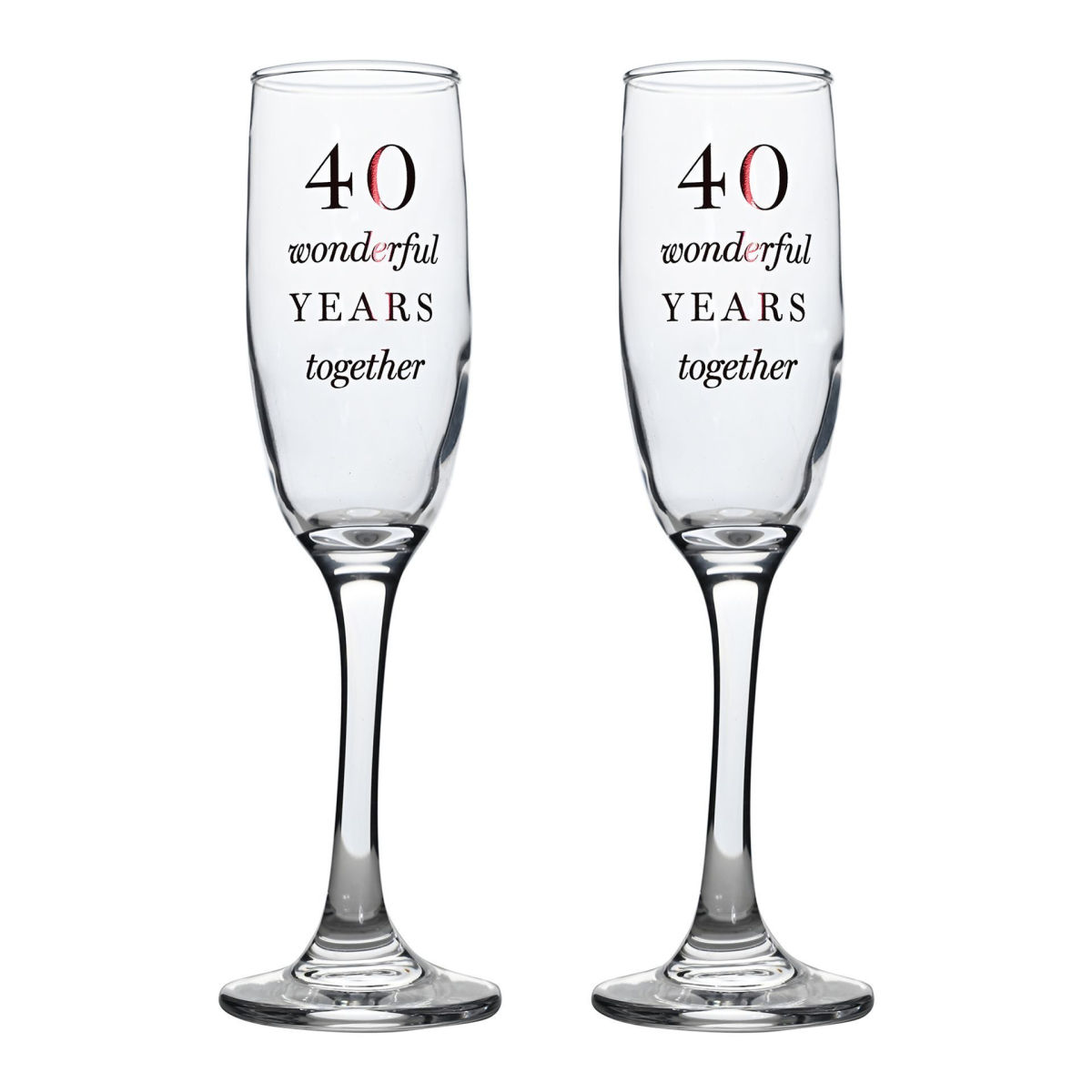 Set of 2 champagne flutes with 40th anniversary '40 wonderful years together' text