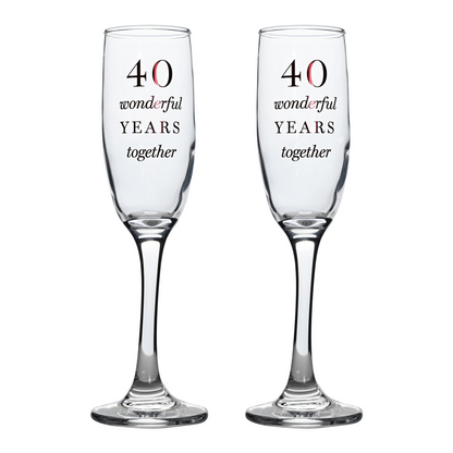 Set of 2 champagne flutes with 40th anniversary '40 wonderful years together' text