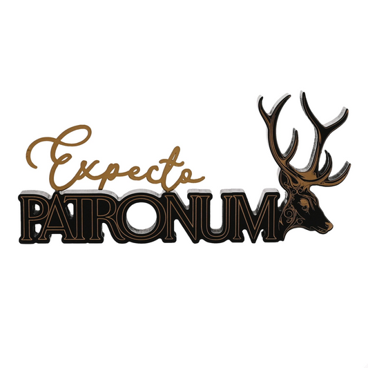 Black and gold Expecto Patronum spell sign with stag antlers silhouette