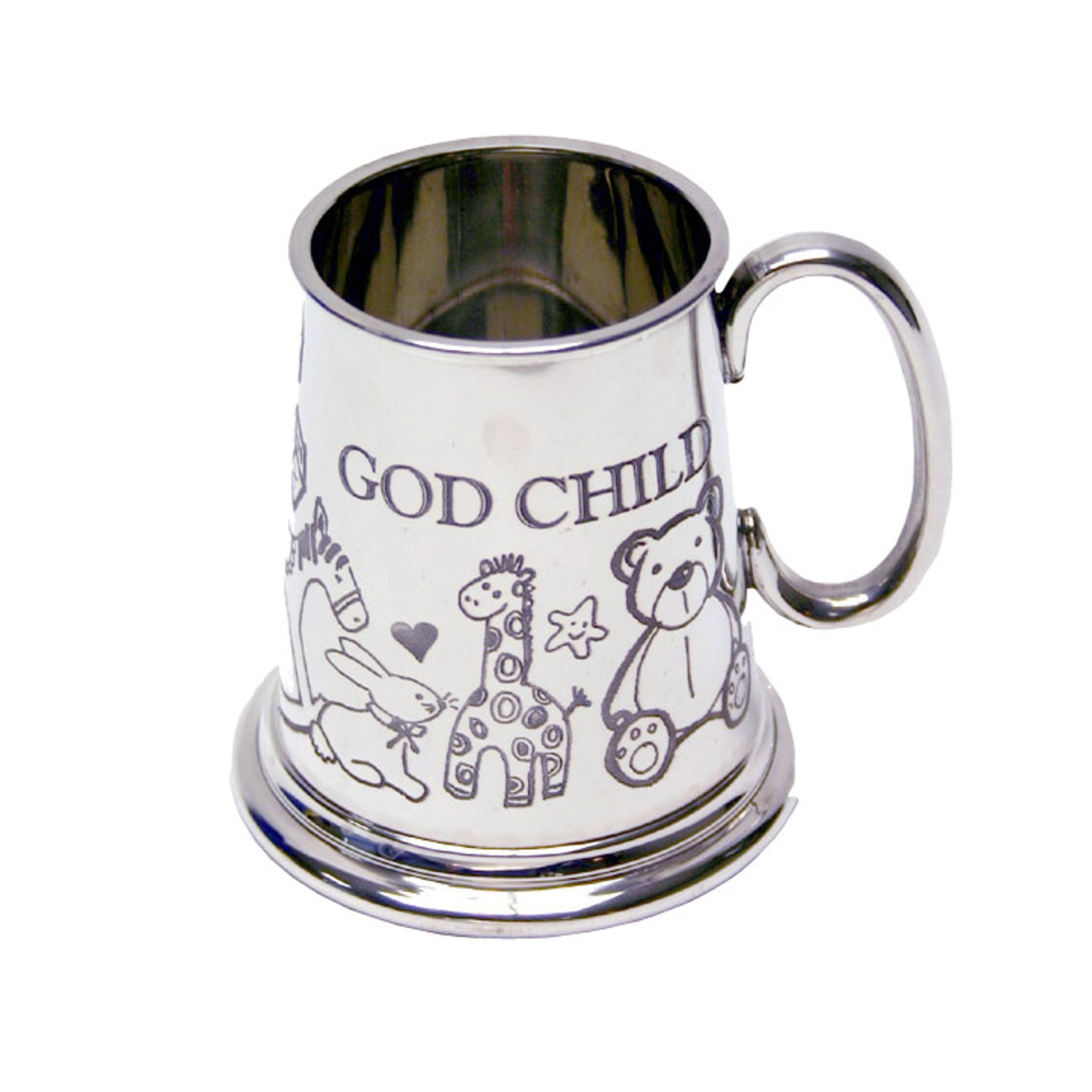 Baby mug with pewter rim, 'GOD CHILD' lettering, animal baby illustrations and handle