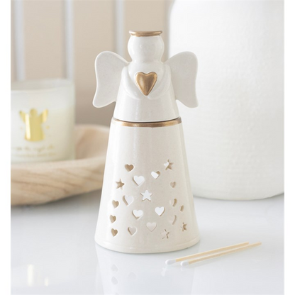 Angel oil burner with angel wings, gold heart front cutout, candle-top