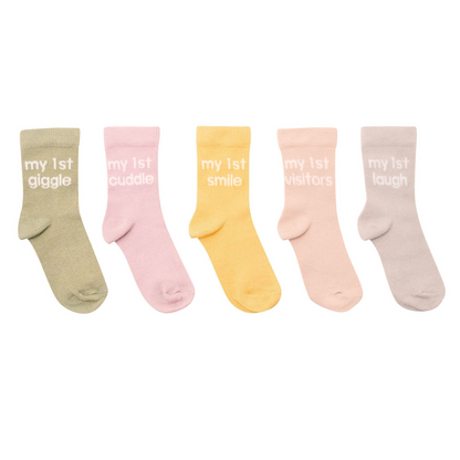 Baby milestone socks multipack: olive, pink, yellow, blush, gray with "my 1st" prints