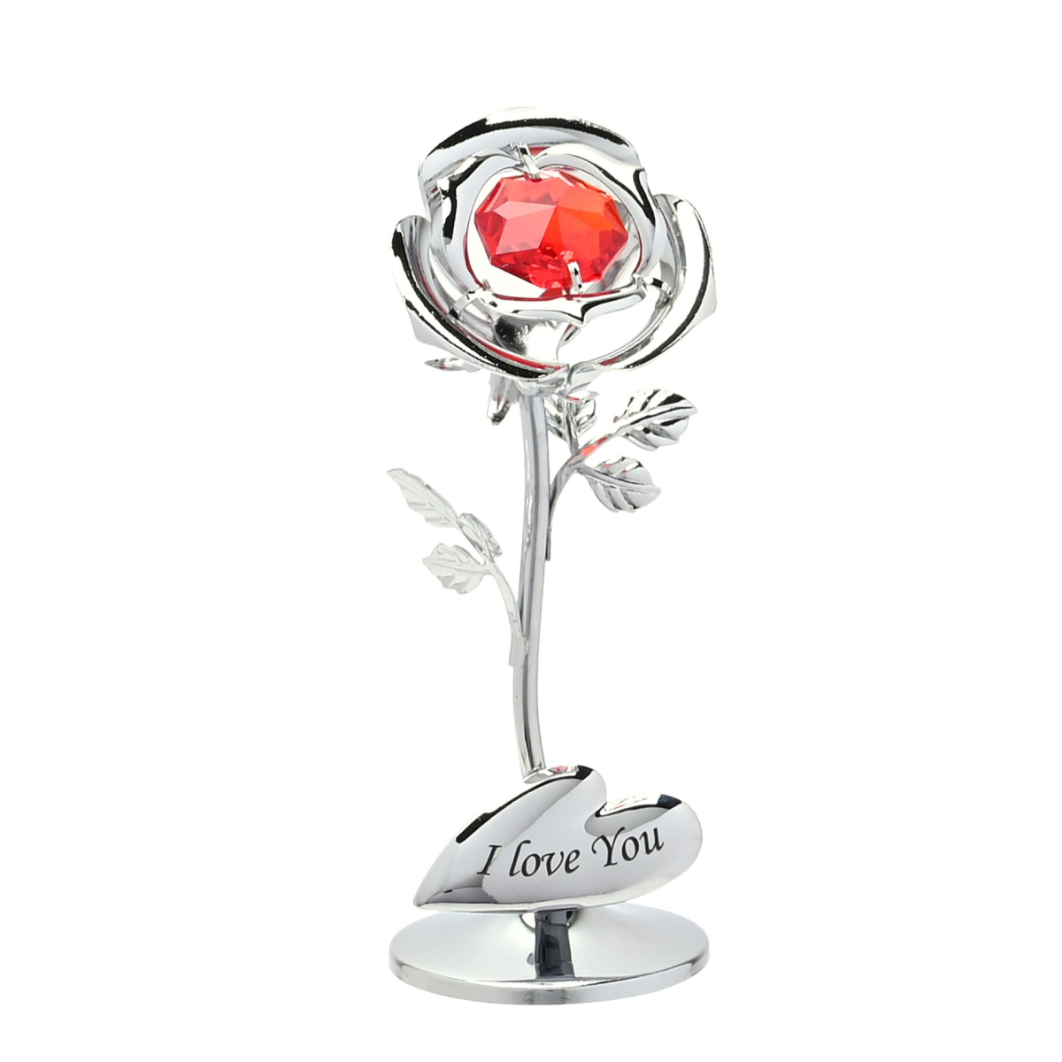 Silver rose ornament with red crystal heart and 'I love you' base text