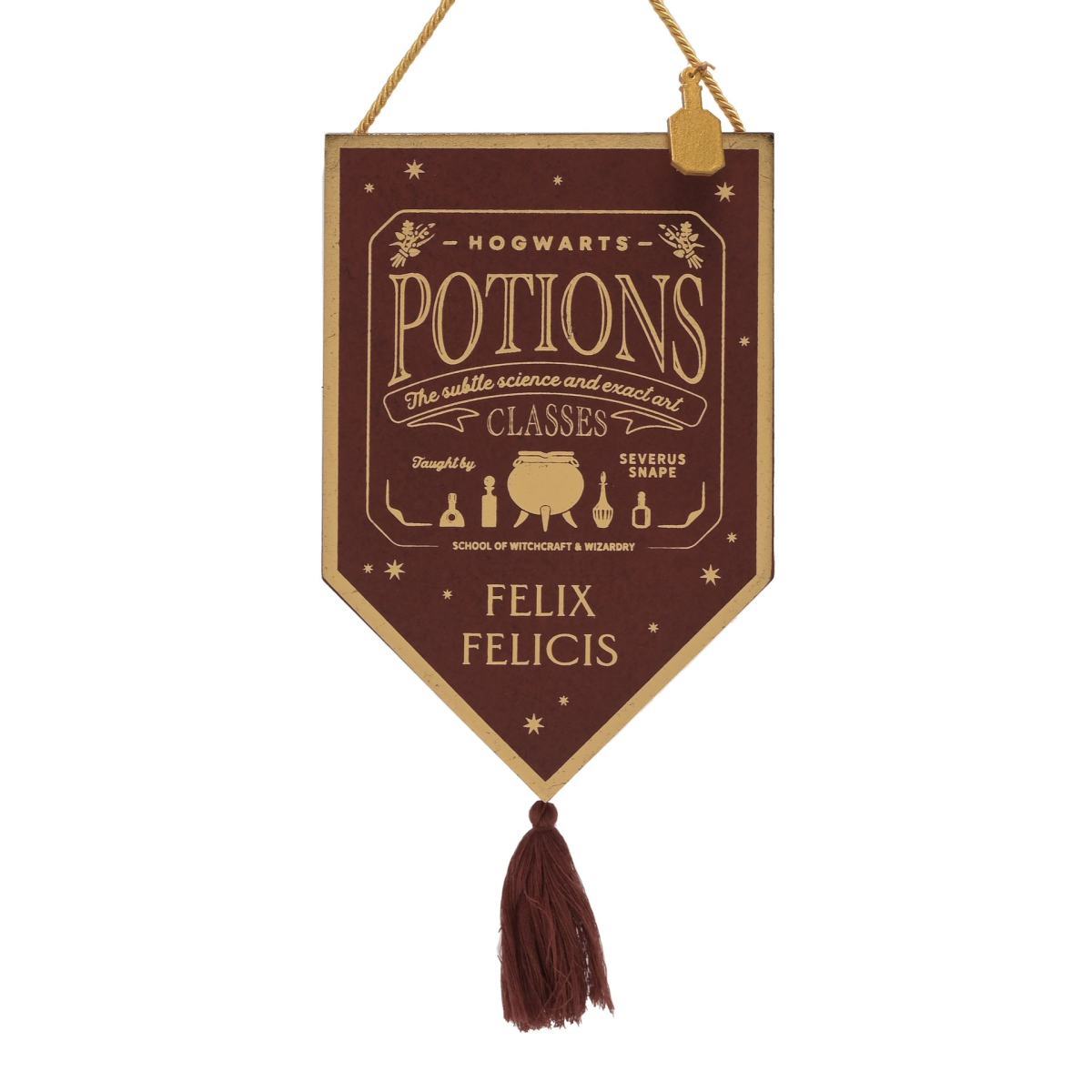 Hogwarts potion themed wall pendant with 'FELIX FELICIS' banner and gold tassel