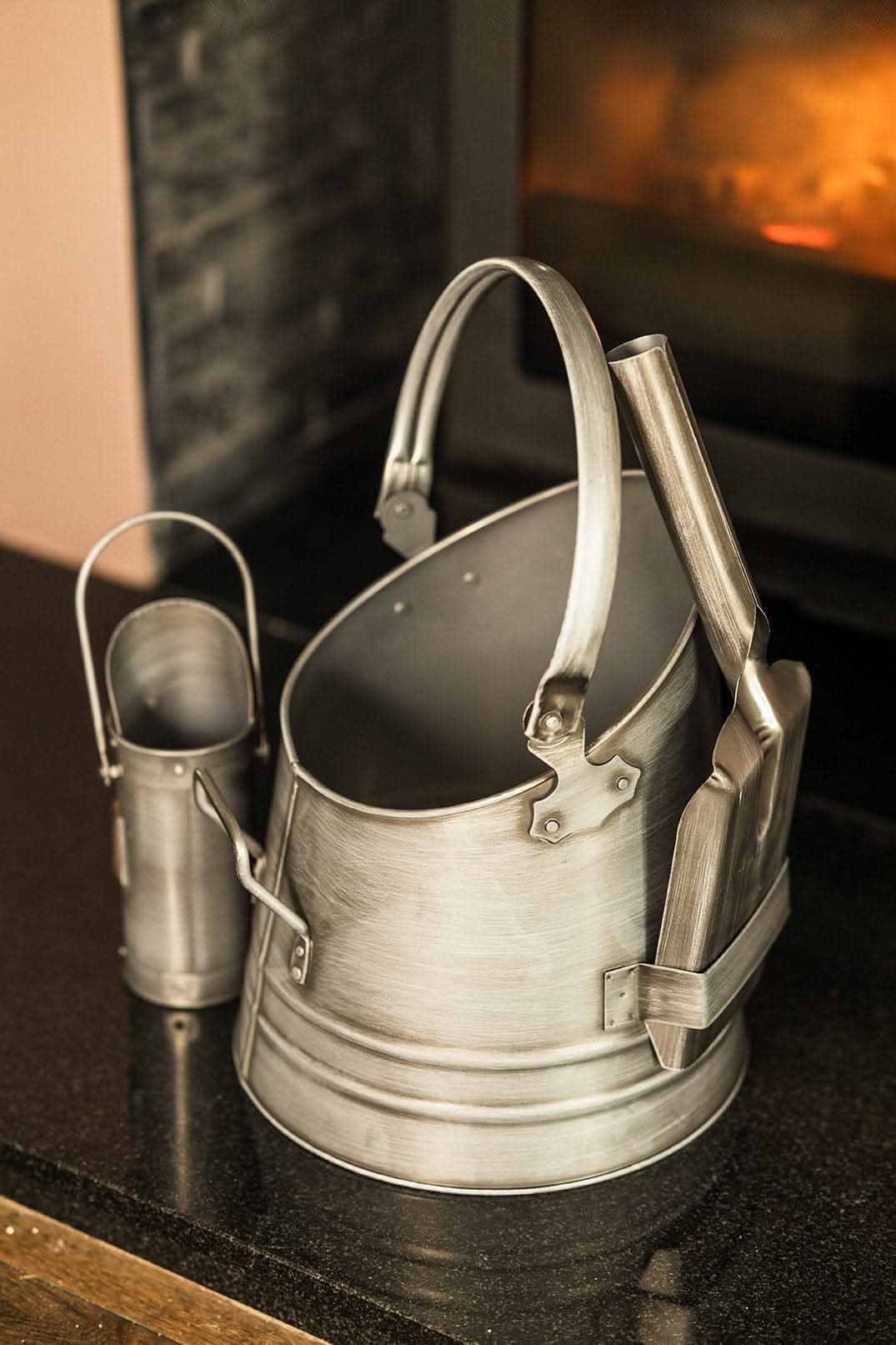 Silver Fireside Coal Bucket Shovel & Match Canister 3pc Set