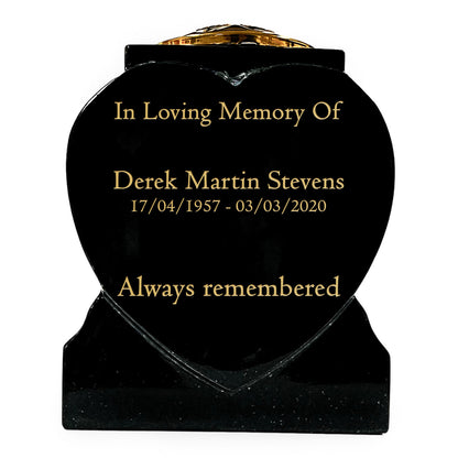 Granite Heart-Shaped Memorial Vase - Premium Black with Gold Metal Flower Pot Insert