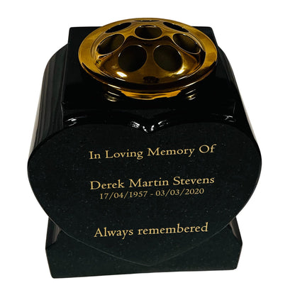 Granite Heart-Shaped Memorial Vase - Premium Black with Gold Metal Flower Pot Insert