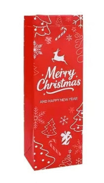 A red Christmas gift bag with white festive illustrations and the text 'Merry Christmas' and 'AND HAPPY NEW YEAR' printed on the front.