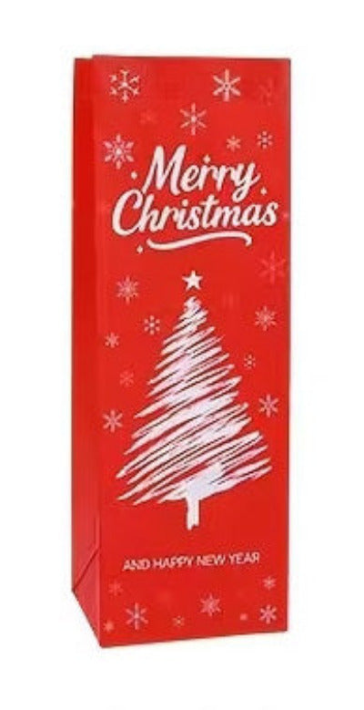 A red Christmas-themed gift bag or packaging sleeve with white text reading 'Merry Christmas' and 'And Happy New Year,' plus a white hand-drawn Christmas tree and snowflake motifs.