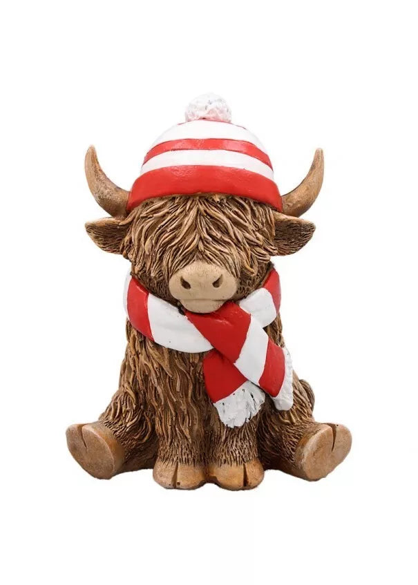 Happy Highland Cow Ornament with Red & White Scarf