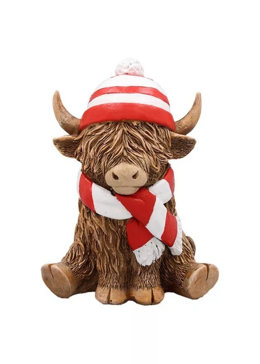 Happy Highland Cow Ornament with Red & White Scarf