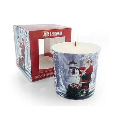 A lit scented candle in a clear glass container printed with a Santa Claus and snowman winter scene, shown next to its red retail box labeled Santa & Snowman on a white background.